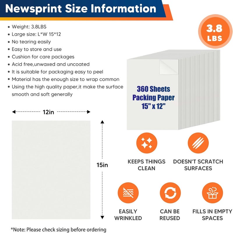 Donyang 15" x 12" Newsprint Paper for Packing Boxes, 360 Sheets Packing Paper for Moving Boxes, Newspaper Packing Materials, Ideal for Drawing, Sketching, Wrapping, Shipping, Packaging, Dishes Glasses Filler - Image 2